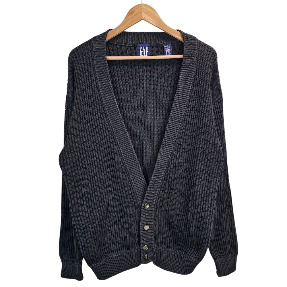 Vintage GAP Black Cotton Knit Cardigan L 90s Grunge Grandpacore Thrashed Indie